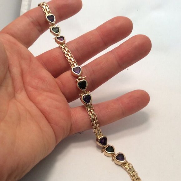 14k Solid Yellow Gold Bismark  Bizmark Heart CZ Purple Green Lady Bracelet 15.8g - Picture 6 of 9